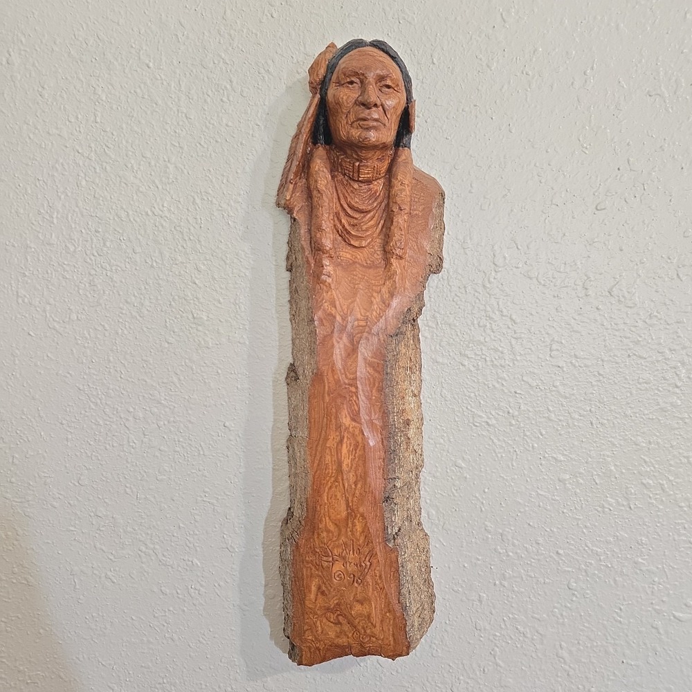 Arlo Furniss Hand-carved Wooden Native American Face Signed '93 Wall Hanging